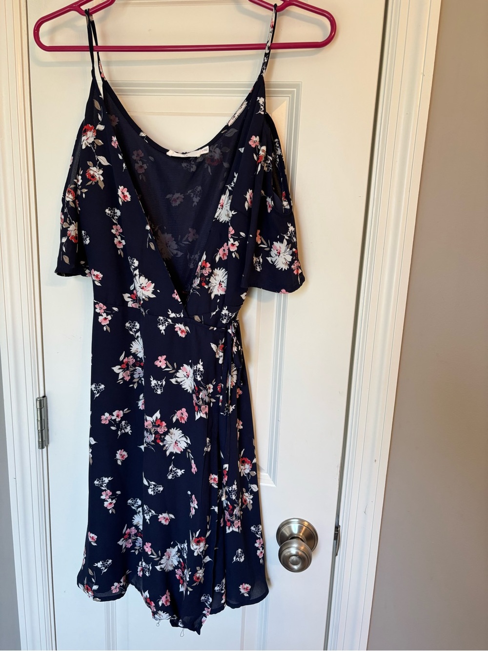 Women's Navy Floral Wrap Dress with Pink & White Blooms